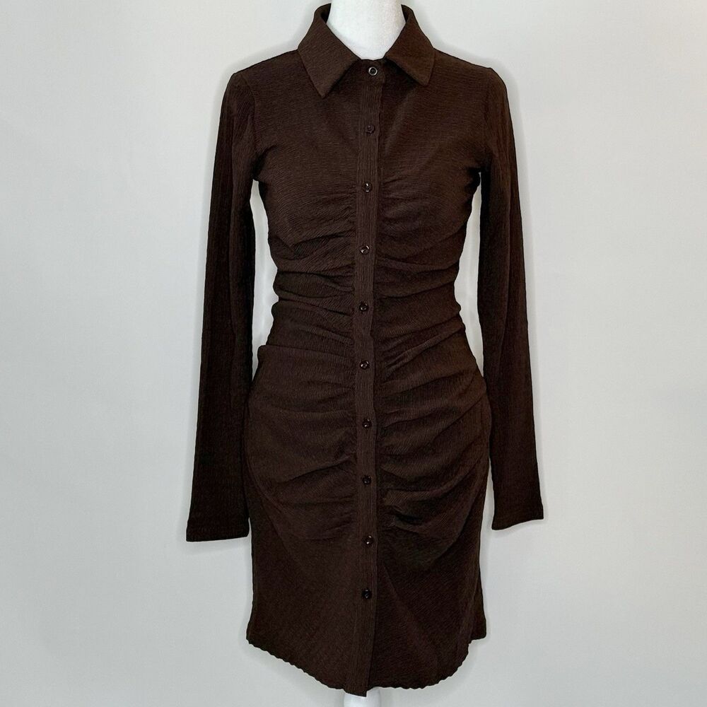 MICAS Ruched Bodycon Mini Dress Women’s S Brown Button Up Collared Shirt Dress